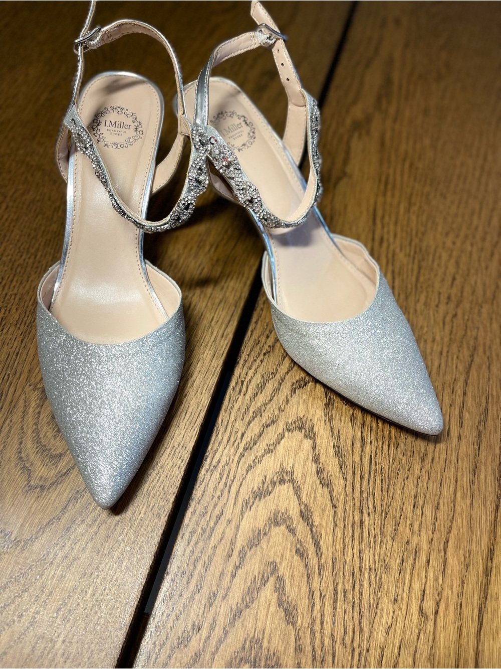 Sparkling Silver Pointed-Toe Ankle Strap Heels